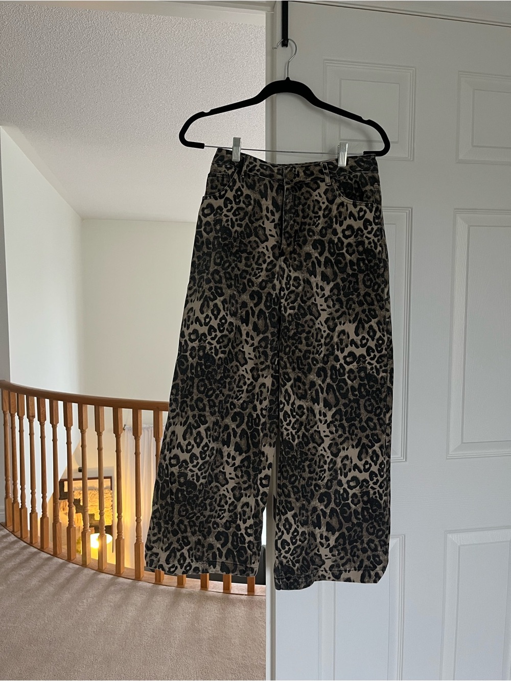 Cider Beige and Black Leopard Print wide leg100% cotton jeans